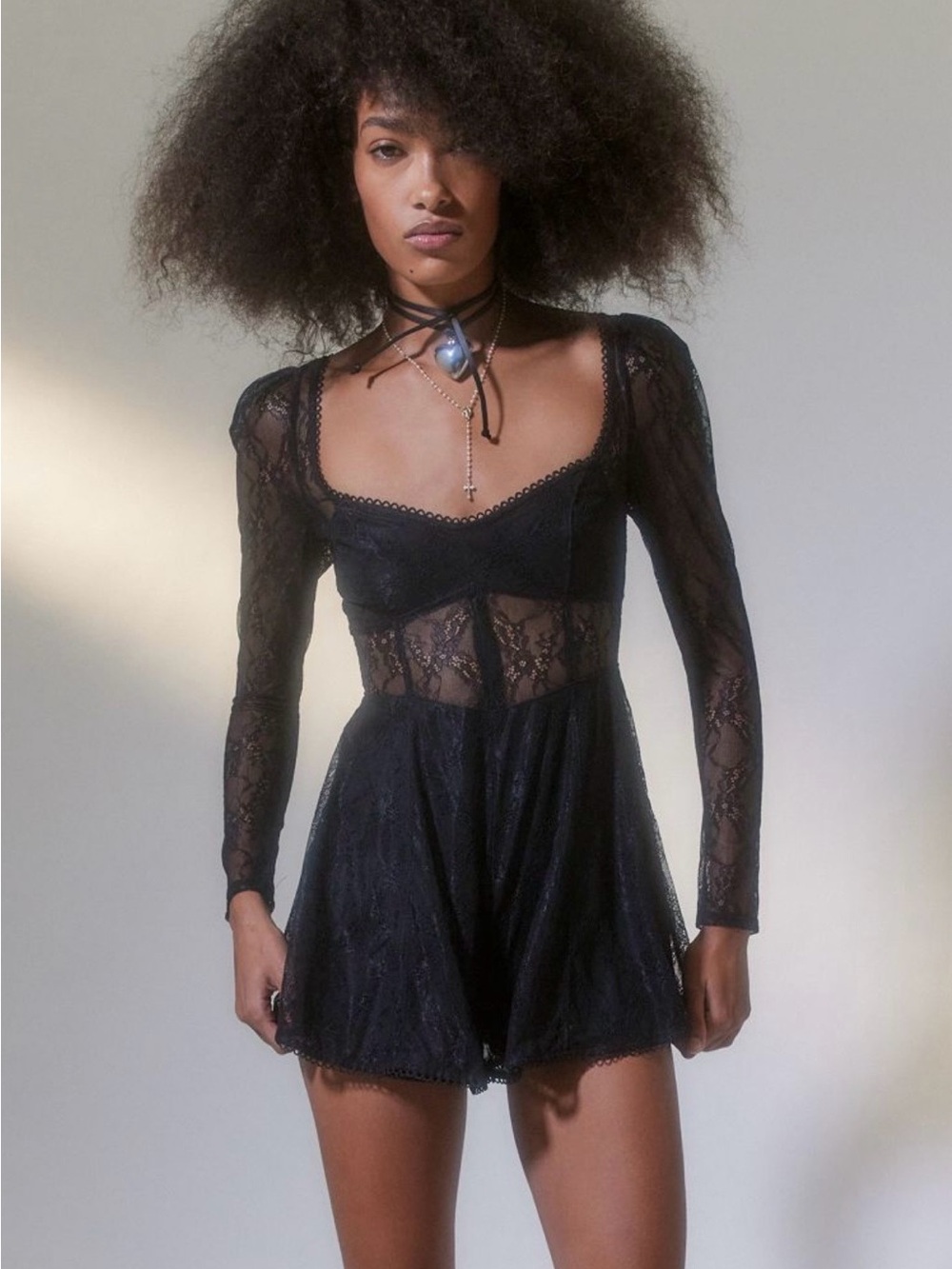 Leah Lace Long-Sleeve Black Romper UO